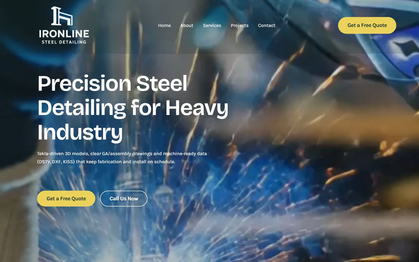 Ironline Steel Detailing website, showing its logo, navigation and industrial homepage